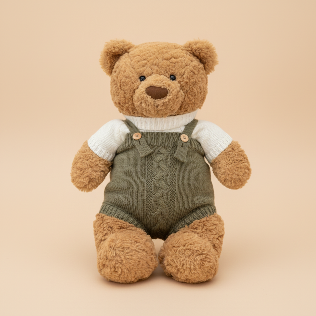 Jellycat Knit Overall Outfit Set flat lay product shot – Lizzie & Friends