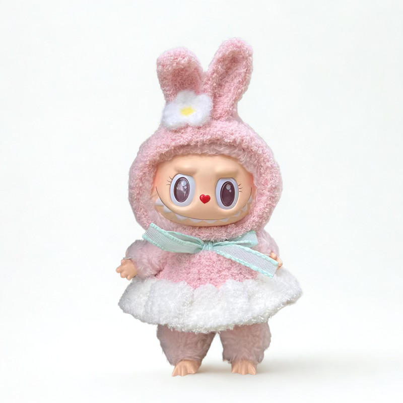 Labubu Bunny Outfit – Flower Ear Hood & Mint Bow Dress – Labubu plush doll outfit handmade kawaii Pop Mart collectible acc...