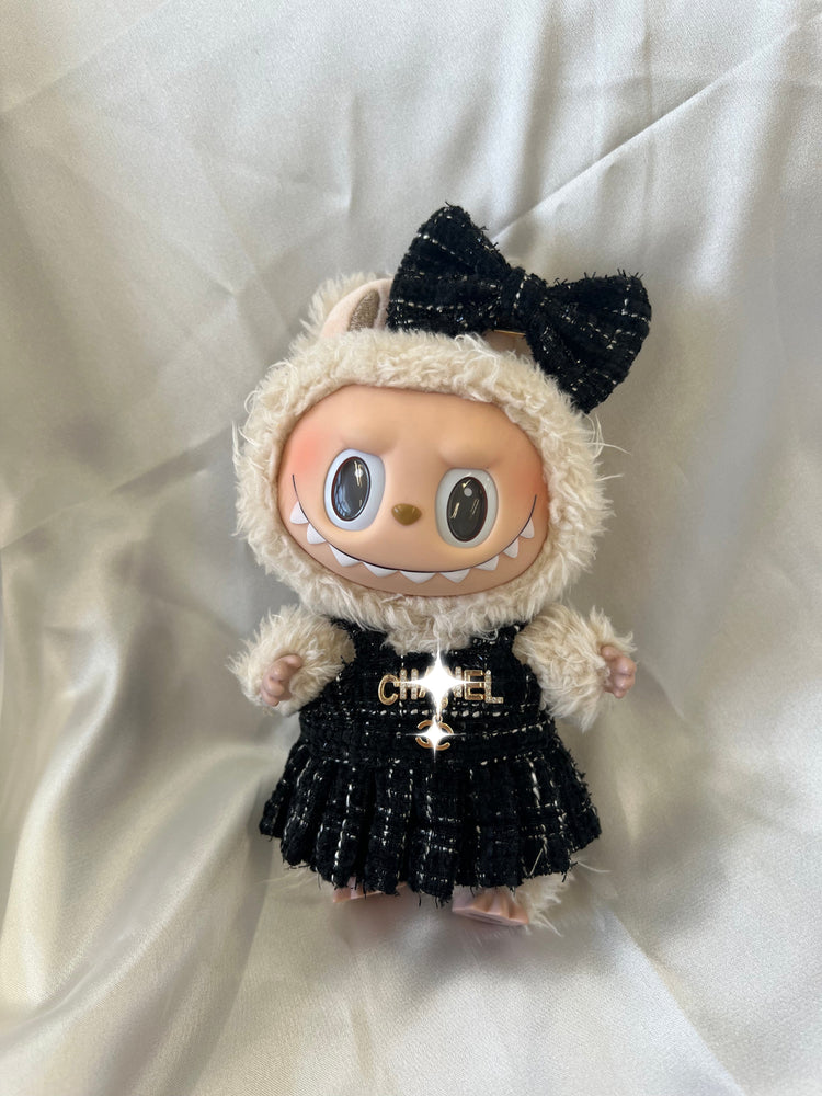 Labubu Classic Black Tweed Dress Set with Bow – Labubu plush doll outfit handmade kawaii Pop Mart collectible accessory