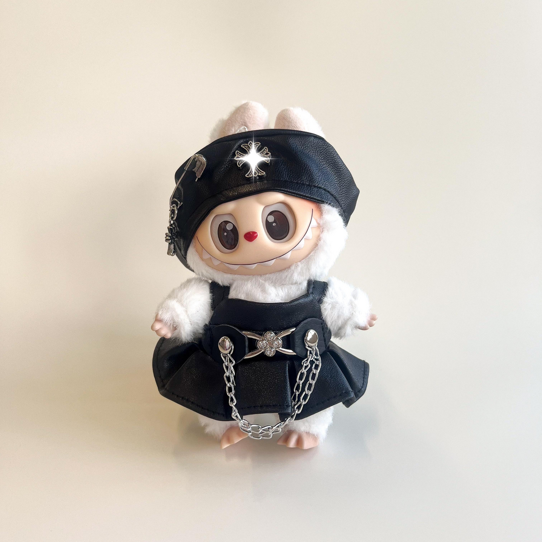 Labubu Black Leather Fashion Dress Outfit Set (2 Items) – Labubu plush doll outfit handmade kawaii Pop Mart collectible ac...