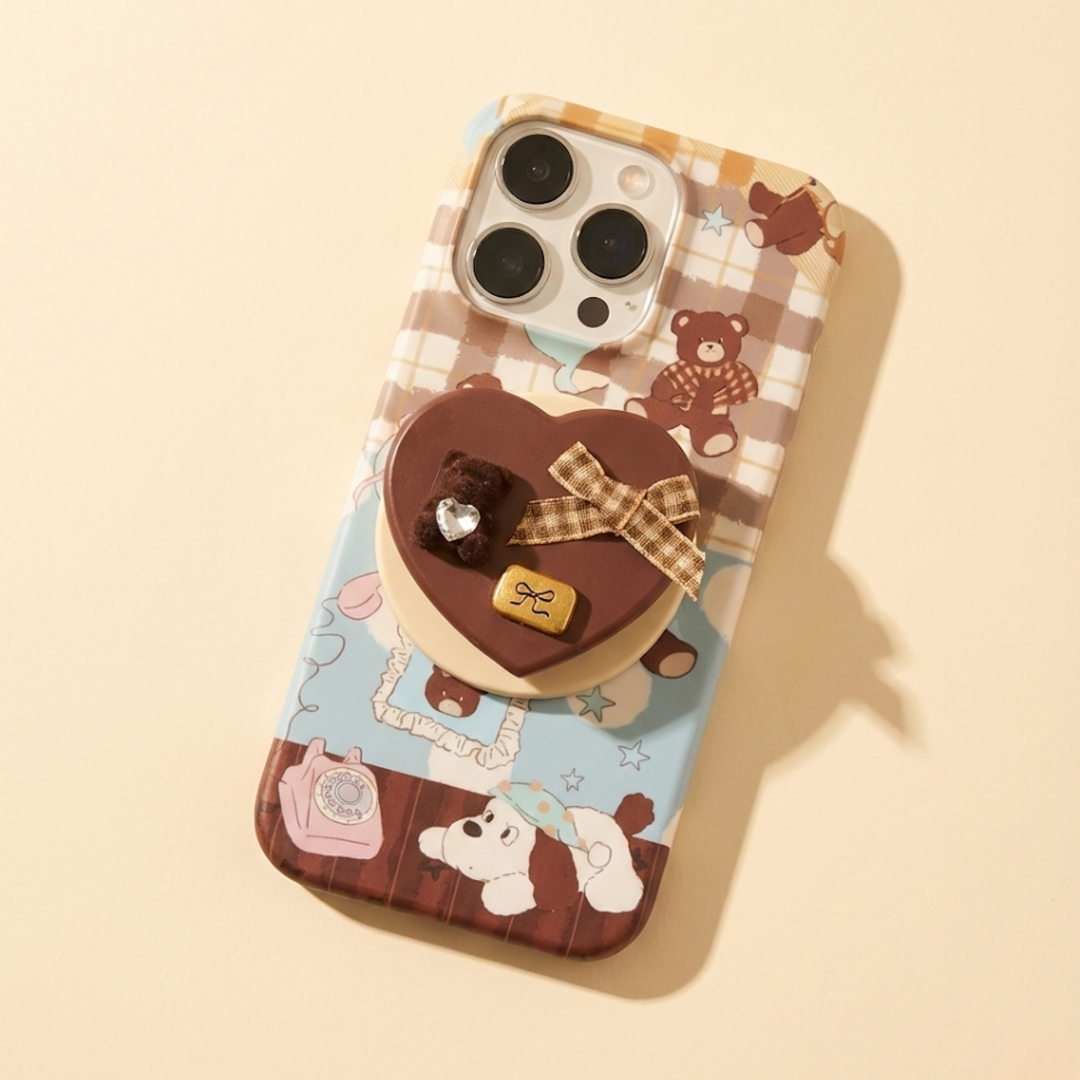 Choco Heart Grip iPhone Case (Patchwork Cute Print) – MagSafe compatible phone case hockey romance fan merch