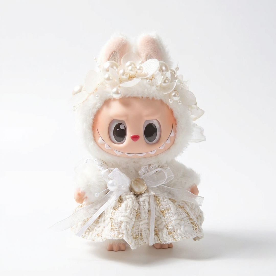 Labubu Elegant White Tweed & Pearl Outfit