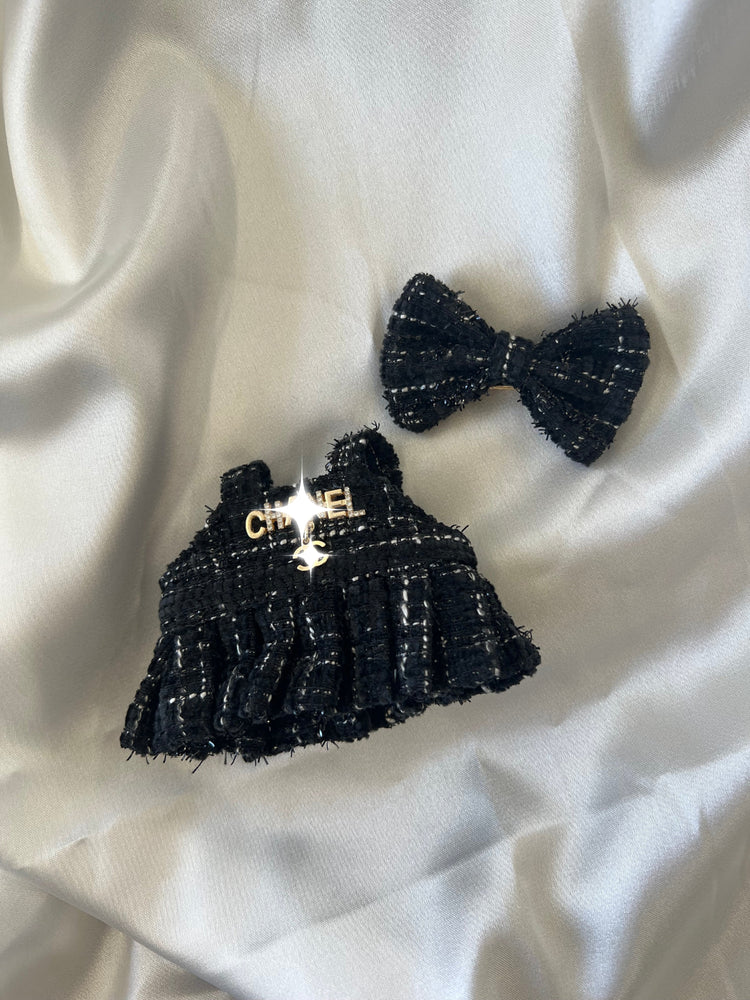 Labubu Classic Black Tweed Dress Set with Bow flat lay product shot – Lizzie & Friends