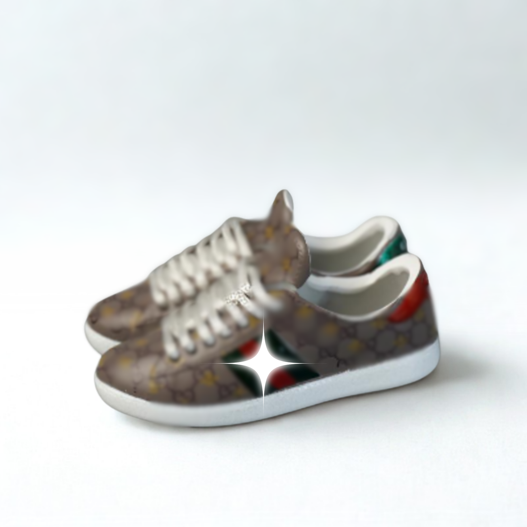 Labubu Mini Monogram Sneakers – Taupe with Green-Red Stripe