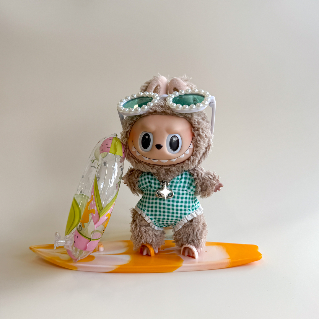 Labubu Green Summer Outfit – Gingham Beach Set (4 Items)