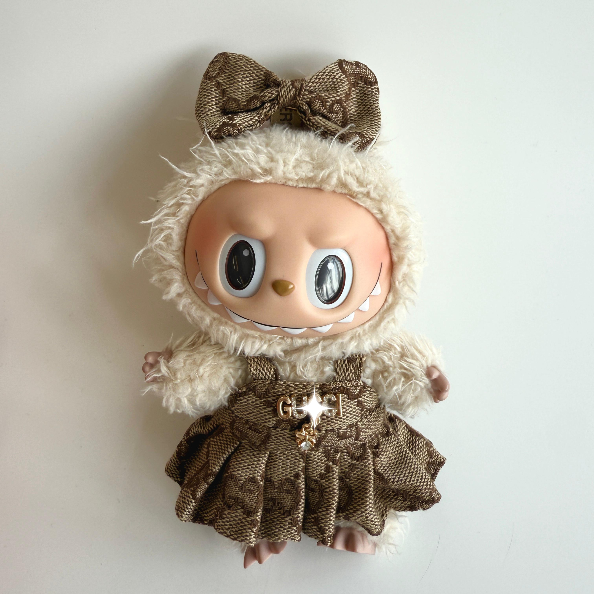 Labubu Brown Monogram Dress Outfit – Bow & Pleated Skirt Set – Labubu plush doll outfit handmade kawaii Pop Mart collectib...