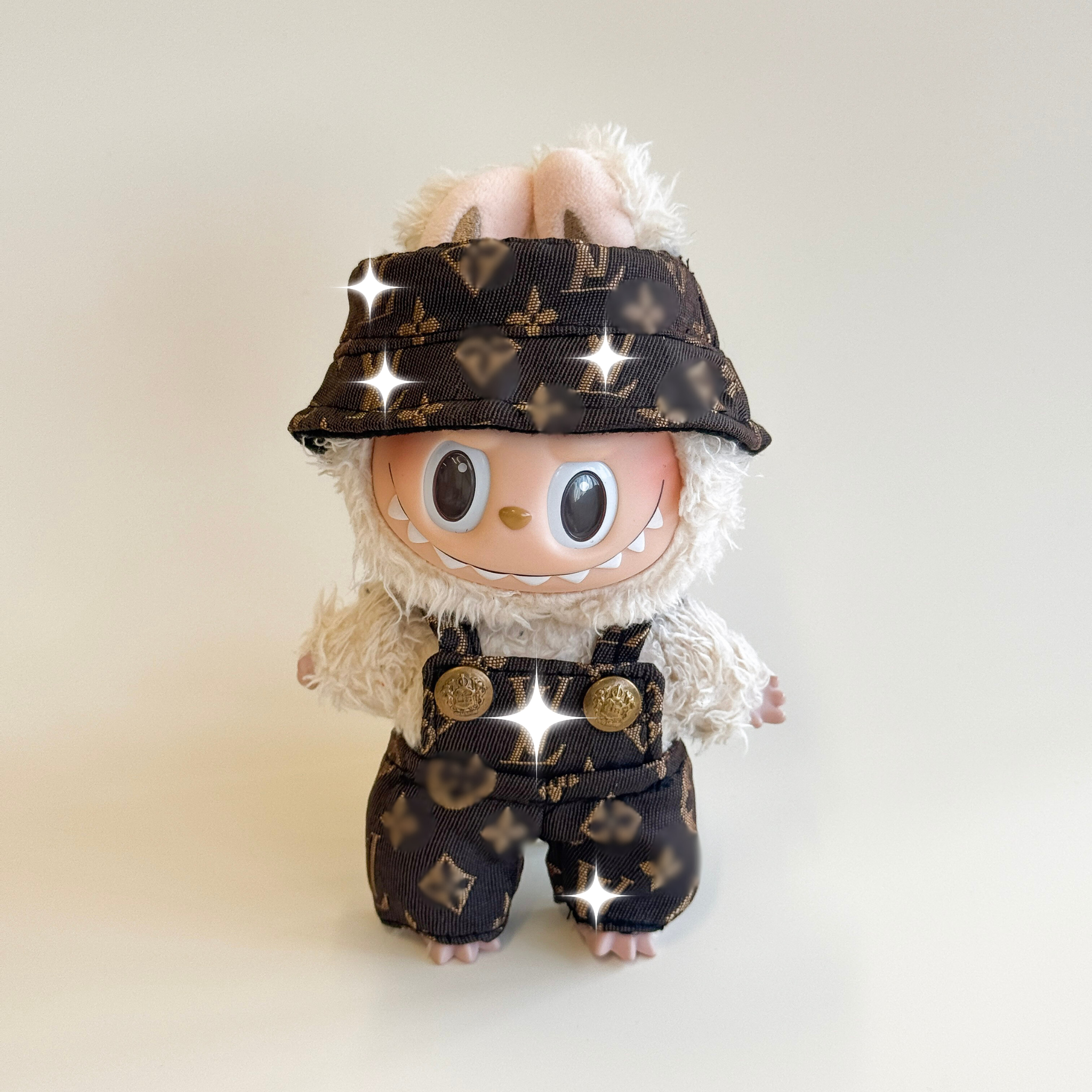 Labubu Dark Monogram Denim Outfit Set – Bucket Hat & Overalls – Labubu plush doll outfit handmade kawaii Pop Mart collecti...