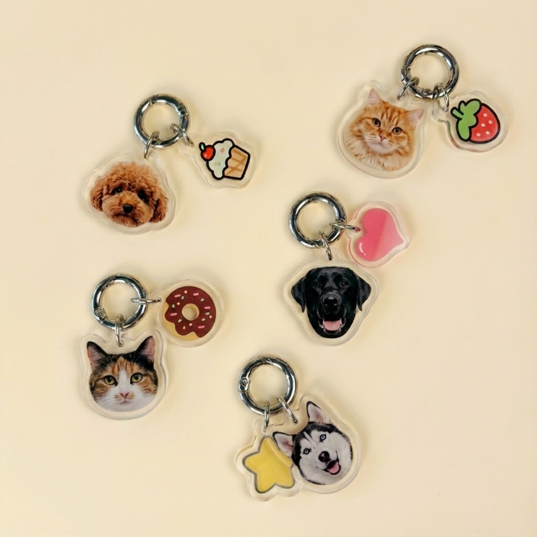 Custom Acrylic Pet Photo Keychain / Cartoon Animal Phone Charm flat lay product shot – Lizzie & Friends
