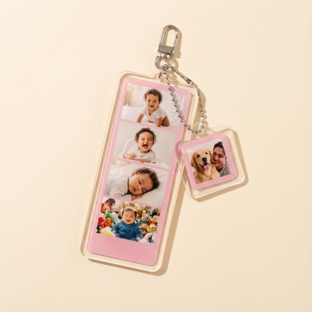 Memory Moments – Custom Acrylic Photo Keychain Gift flat lay product shot – Lizzie & Friends