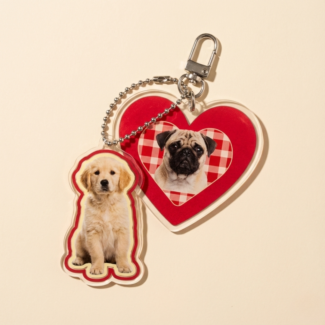 Custom Pet Portrait Acrylic Keychain flat lay product shot – Lizzie & Friends