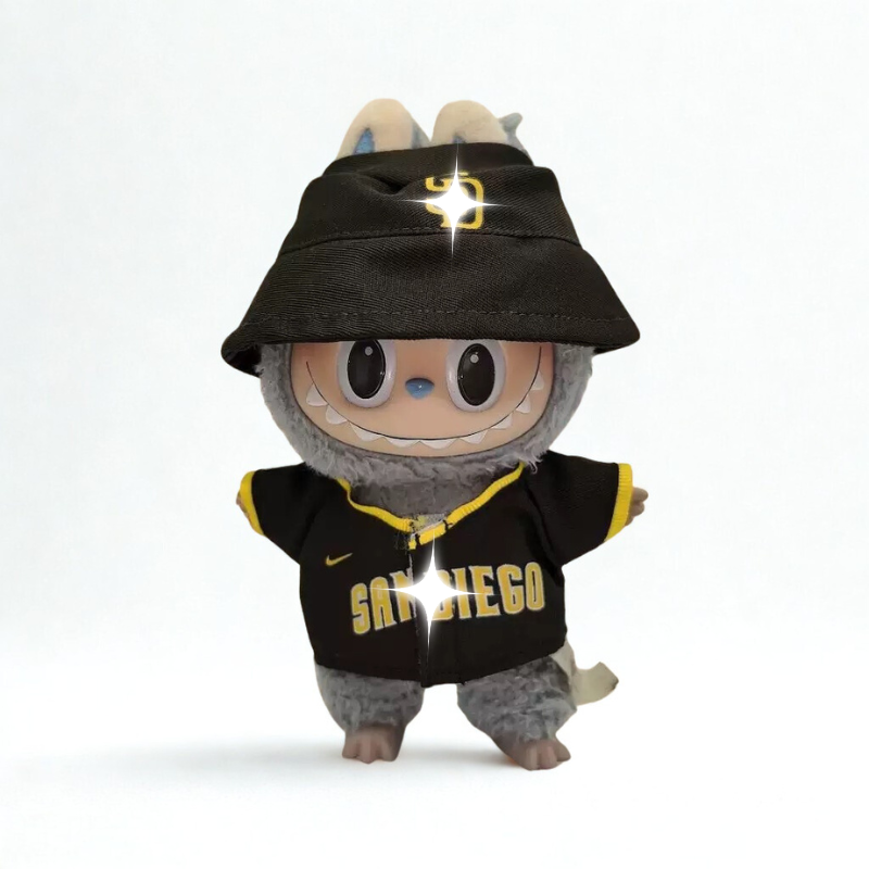 Labubu Black & Yellow Baseball Streetwear Set – Labubu plush doll outfit handmade kawaii Pop Mart collectible accessory