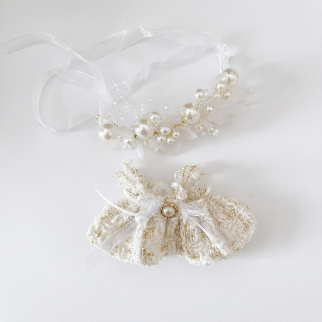 Labubu Elegant White Tweed & Pearl Outfit