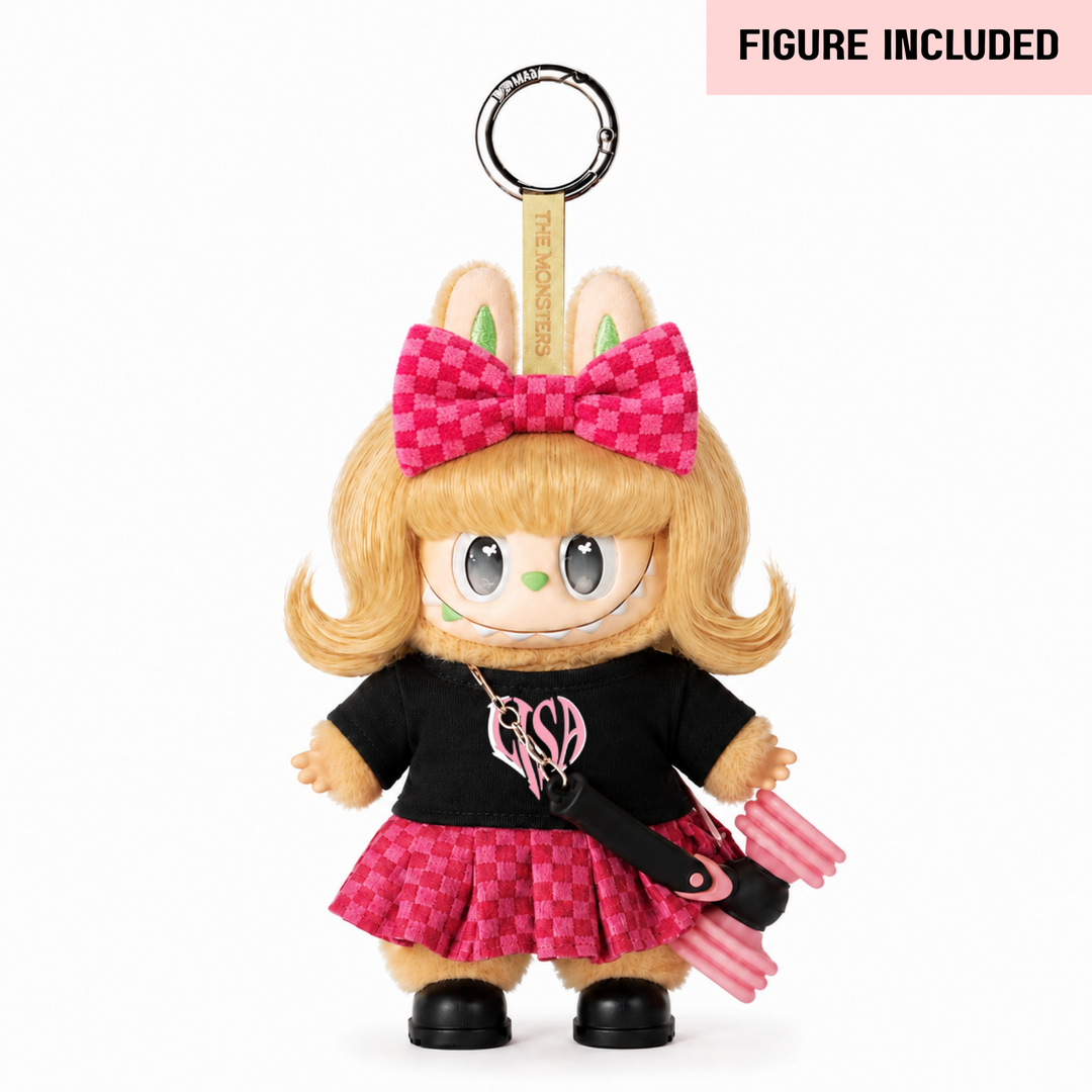 Labubu Pink Checkered Skirt & Bow Outfit Set – Complete with Authentic Blue Prelude Figure
