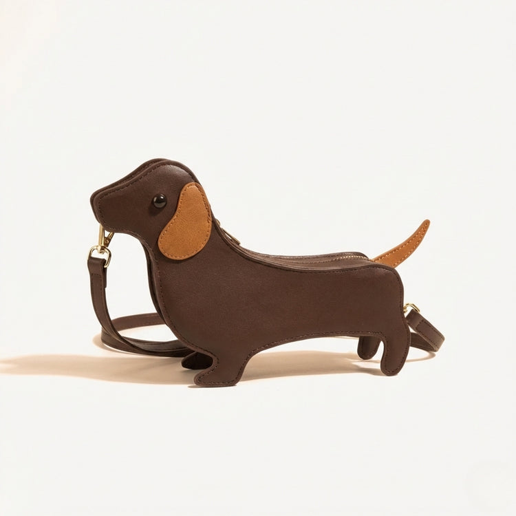 Whimsical Dachshund Sausage Dog Crossbody Bag flat lay product shot – Lizzie & Friends