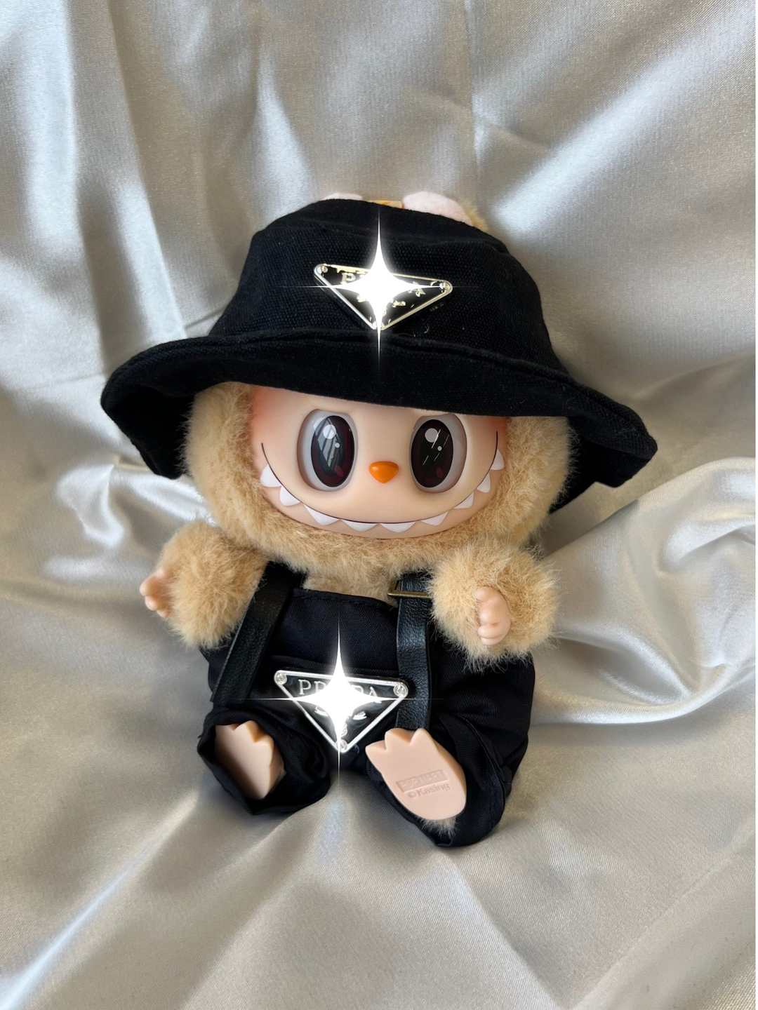 Labubu Black Bucket Hat and Overalls Set – Labubu plush doll outfit handmade kawaii Pop Mart collectible accessory