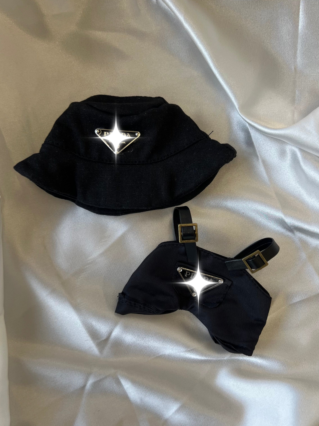 Labubu Black Bucket Hat and Overalls Set flat lay product shot – Lizzie & Friends