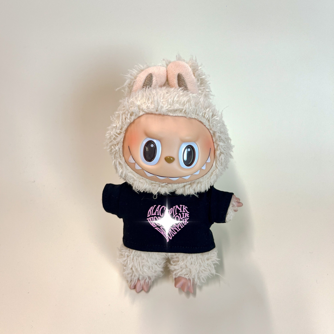 Labubu Concert Outfit Set – Black Heart Tee with Mini Fan Lightstick (2 Items) flat lay product shot – Lizzie & Friends