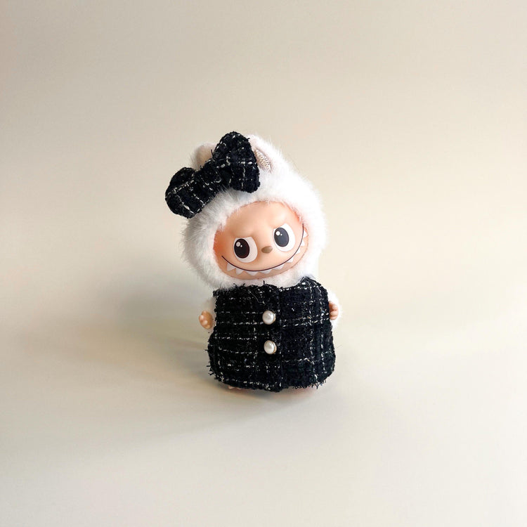 Labubu 4.0 Tweed Coat Outfit Set – Black & White – Labubu 4.0 V4 handmade outfit accessory Pop Mart plush doll clothes