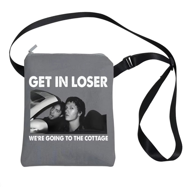 "Get In Loser" Cottage Trip Crossbody Bag flat lay product shot – Lizzie & Friends
