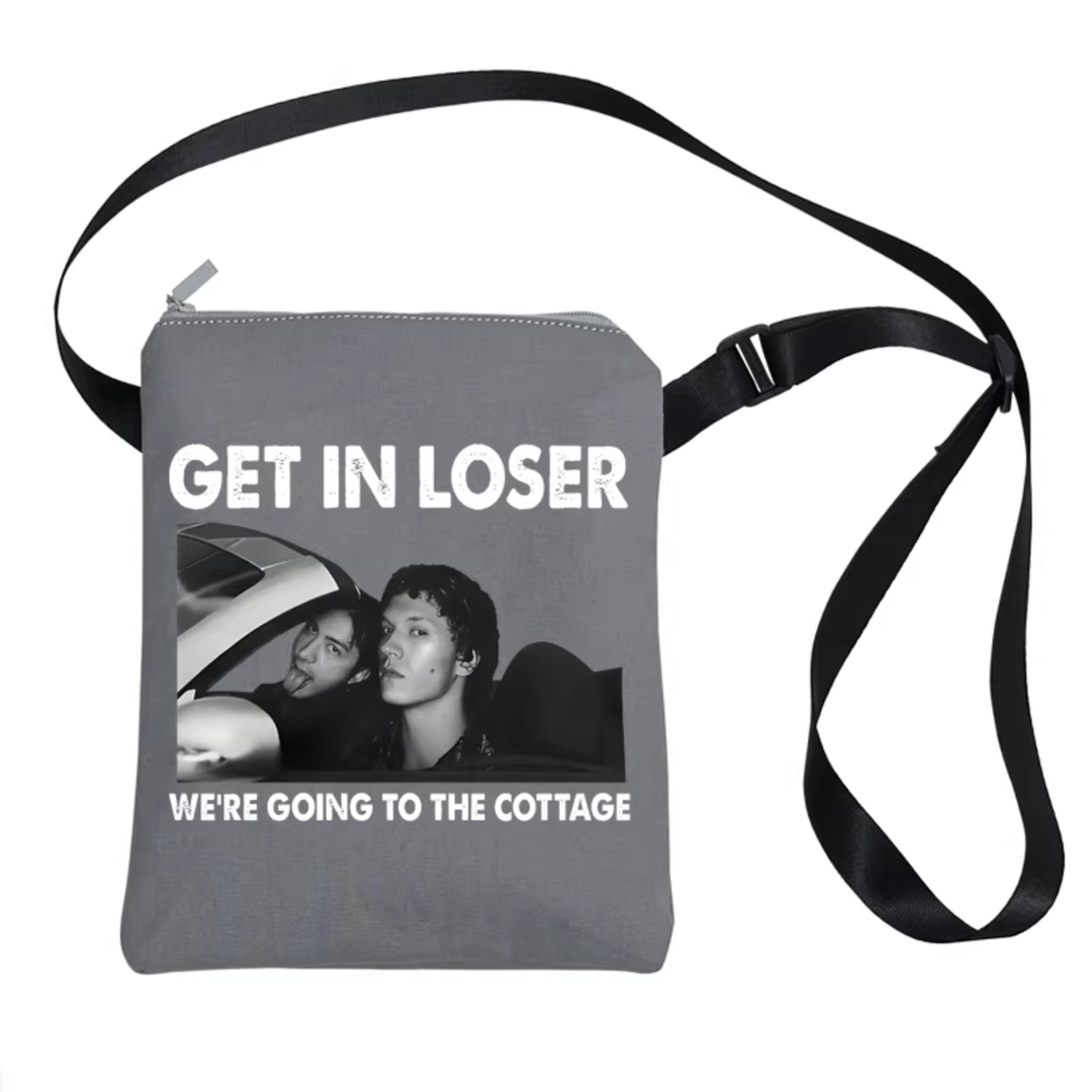 "Get In Loser" Cottage Trip Crossbody Bag flat lay product shot – Lizzie & Friends