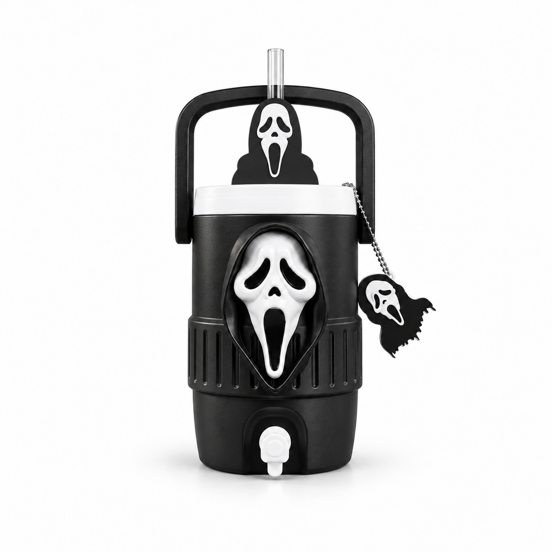 3D Printed Horror Ghost Mask Drink Jug with Straw & Charm – Black