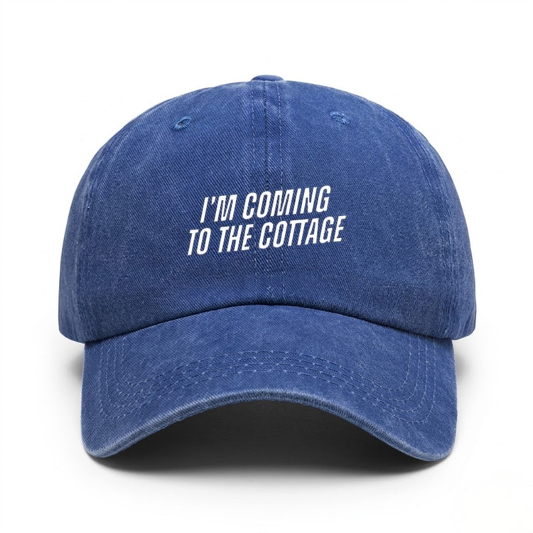 Heated Rivalry "I'm Coming To The Cottage" Vintage Washed Dad Hat close-up detail shot – Lizzie & Friends