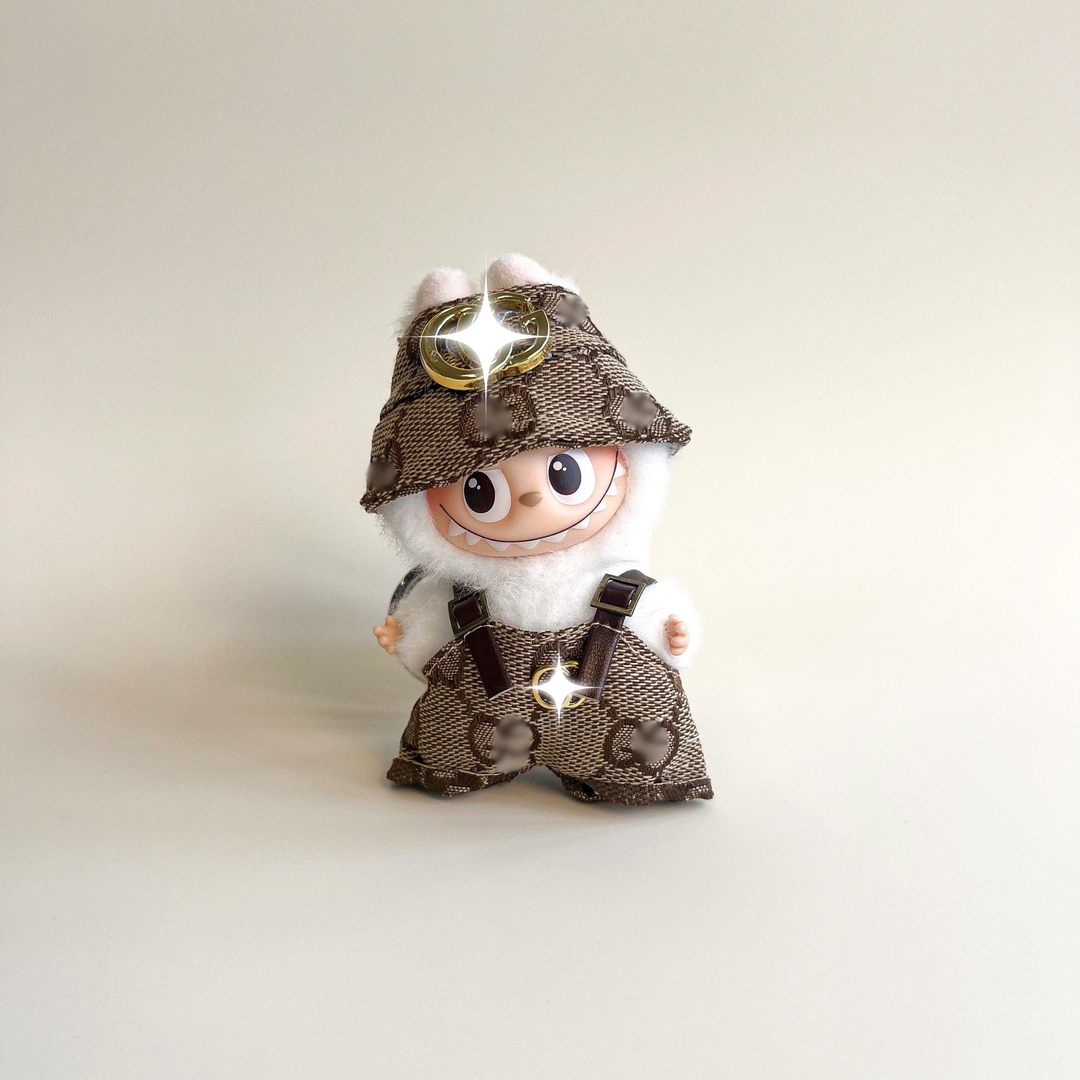 Labubu 4.0 Monogram Hat & Suspender Pants Outfit Set – Labubu 4.0 V4 handmade outfit accessory Pop Mart plush doll clothes
