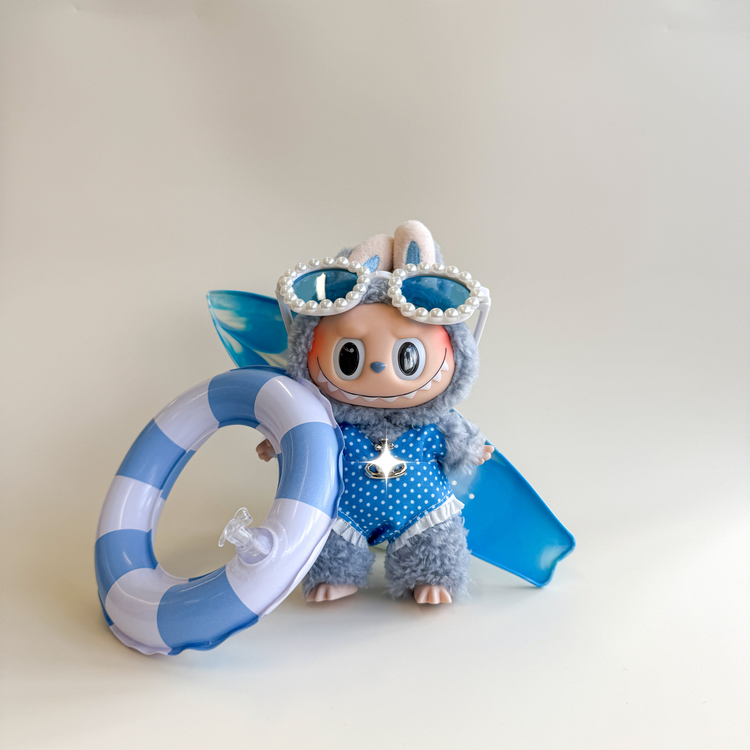 Labubu Blue Summer Outfit Set – Swimsuit & Surfboard (4 Items) – Labubu plush doll outfit handmade kawaii Pop Mart collect...