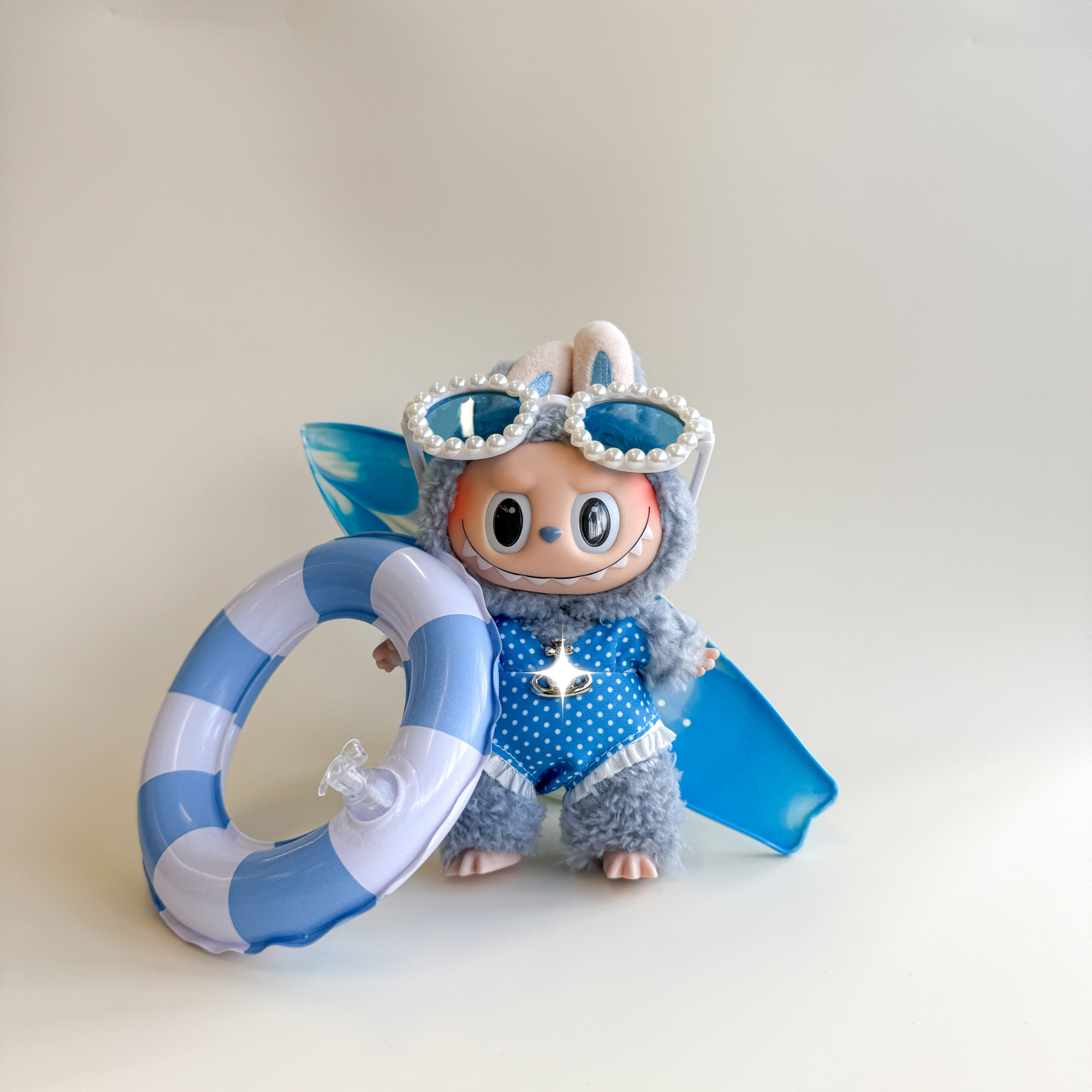 Labubu Blue Summer Outfit Set – Swimsuit & Surfboard (4 Items) – Labubu plush doll outfit handmade kawaii Pop Mart collect...