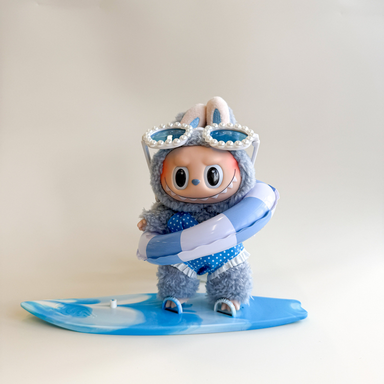 Labubu Blue Summer Outfit Set – Swimsuit & Surfboard (4 Items) flat lay product shot – Lizzie & Friends