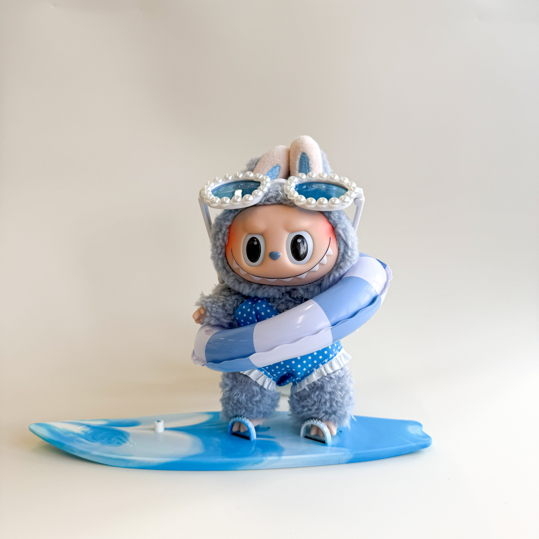 Labubu Blue Summer Outfit Set – Swimsuit & Surfboard (4 Items) flat lay product shot – Lizzie & Friends