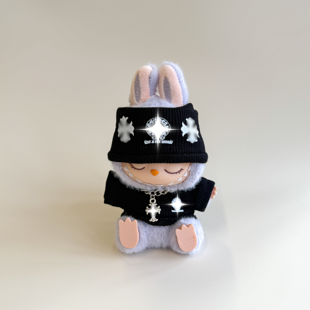 Labubu Luxe Outfit Set – Beanie & Sweater with Cross Pendant (3 Items)