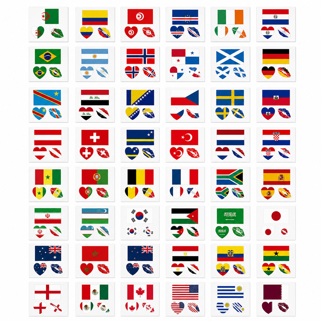 48 Countries Flag Temporary Tattoo Set