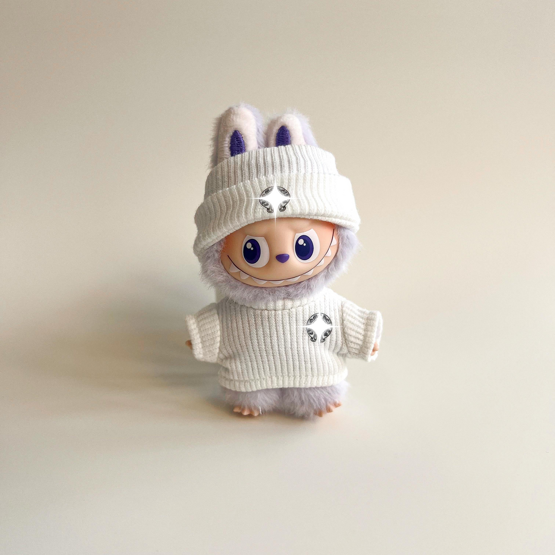 Labubu 4.0 Hooded Emblem Knit Sweater & Beanie Set – Labubu 4.0 V4 handmade outfit accessory Pop Mart plush doll clothes