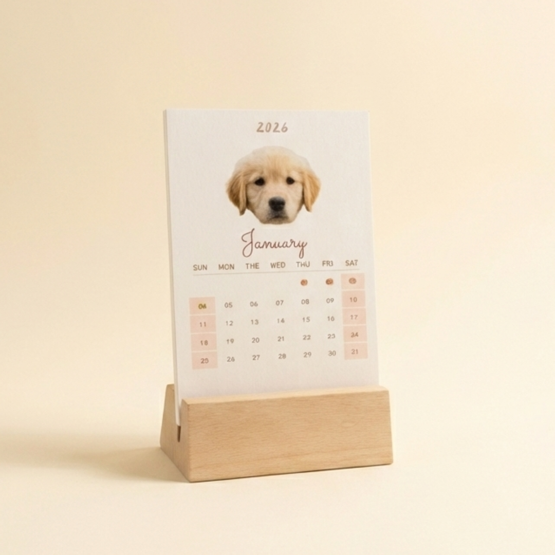 Personalized 2026 Desk Calendar — Custom Pet Photo Edition close-up detail shot – Lizzie & Friends