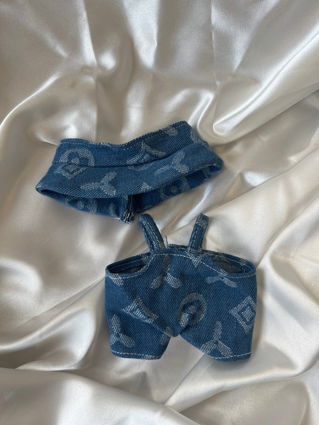 Labubu Blue Denim Monogram Outfit – Overalls & Hat Set flat lay product shot – Lizzie & Friends