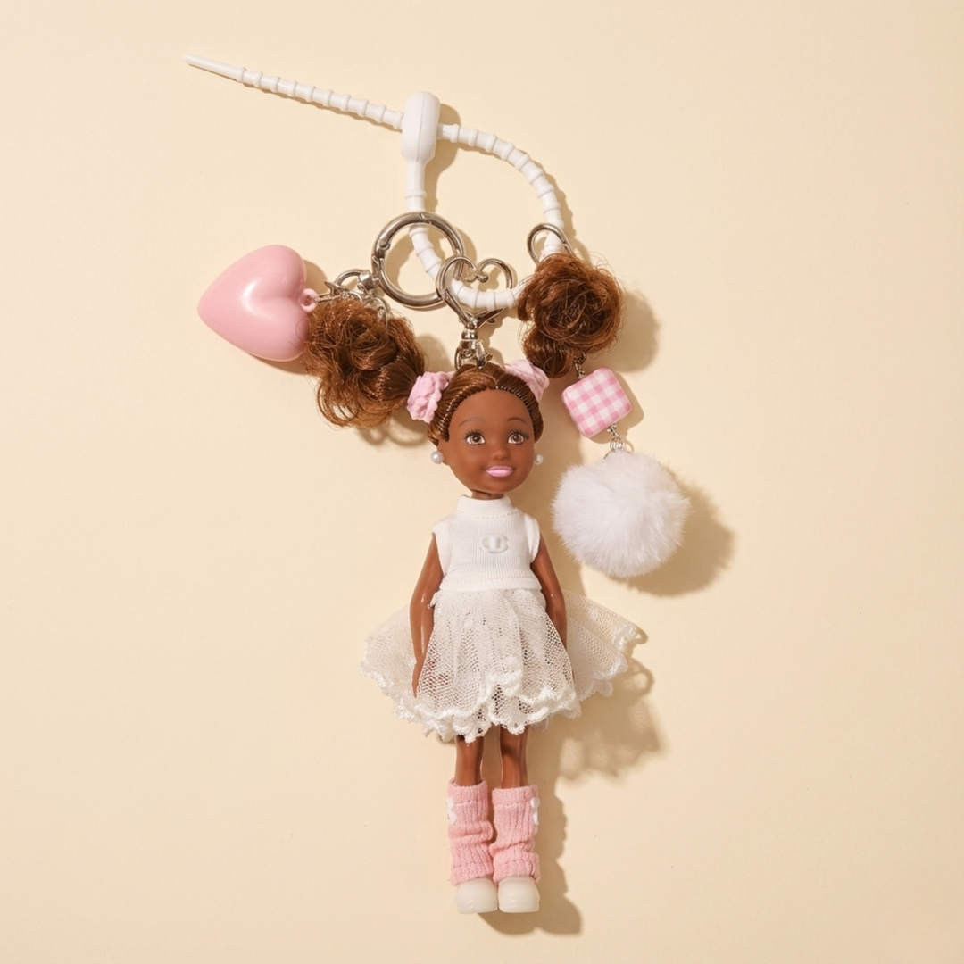 Tiny Style Doll Ballet Blush Pom Charm – handmade crochet plush bag charm kawaii collectible gift