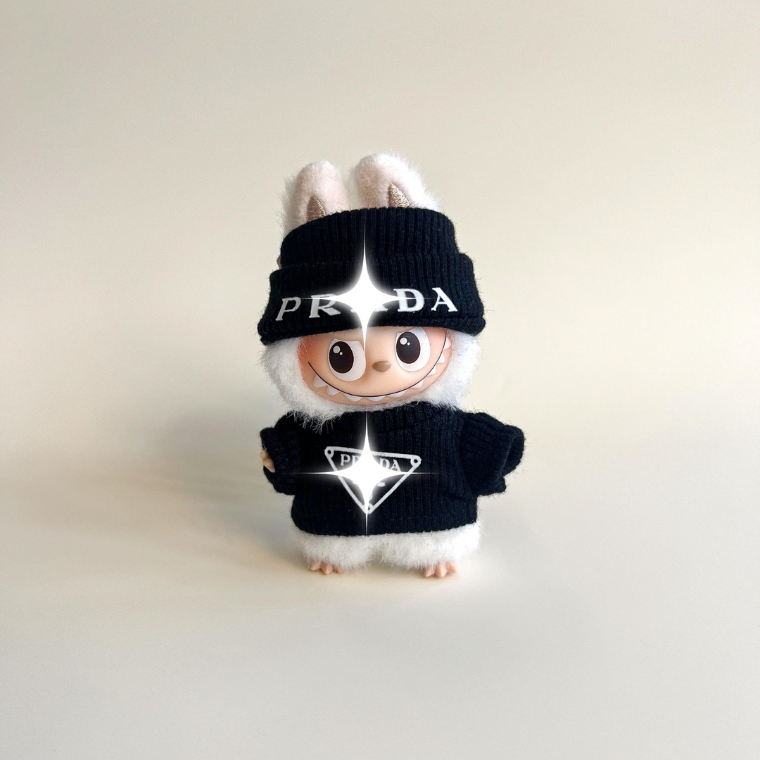 Labubu 4.0 Black Logo Knit Sweater & Beanie Set – Labubu 4.0 V4 handmade outfit accessory Pop Mart plush doll clothes