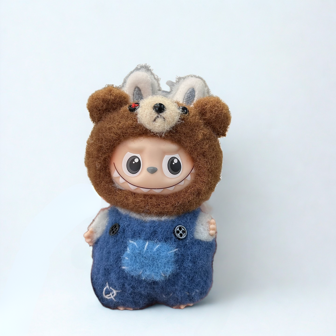 Labubu 4.0 Brown Bear Outfit – Overalls Patch Design – Labubu 4.0 V4 handmade outfit accessory Pop Mart plush doll clothes