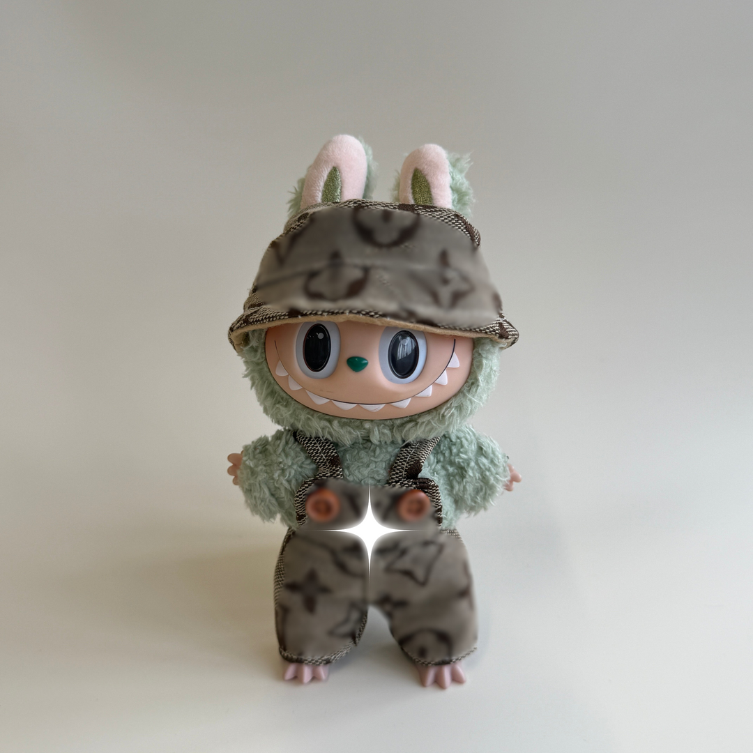 Labubu Light Brown Monogram Denim Set – Bucket Hat & Overalls