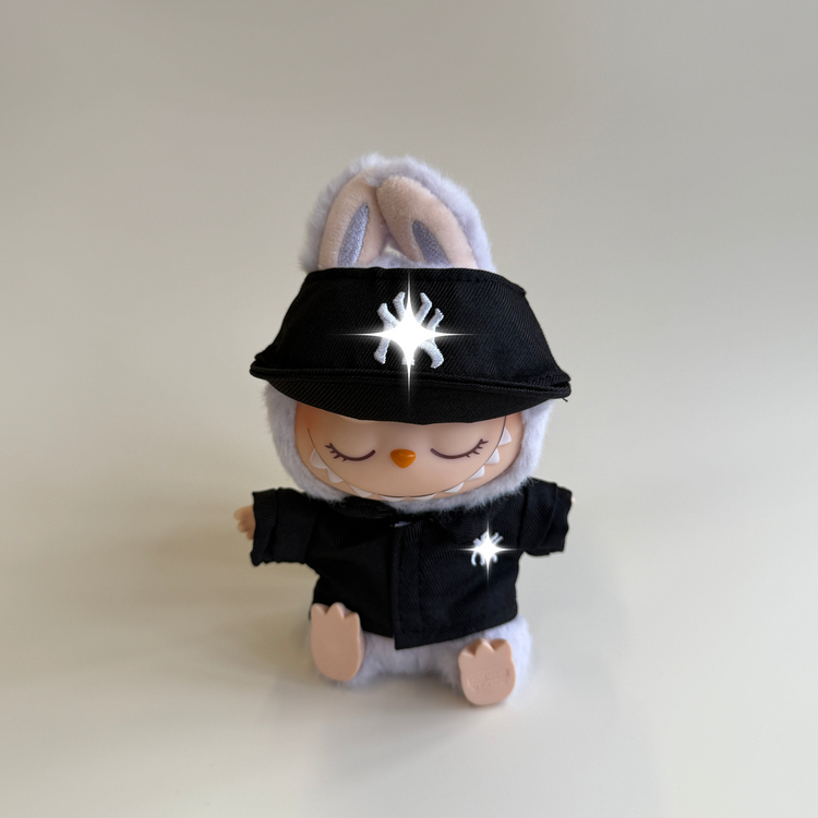 Labubu Baseball Outfit – Black Hat & Jersey Set flat lay product shot – Lizzie & Friends