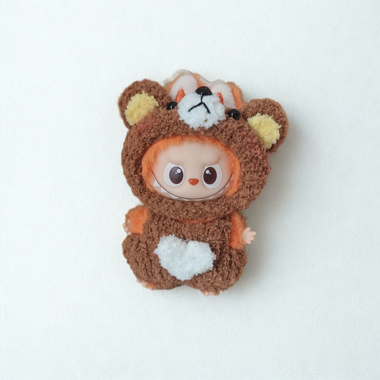 Labubu 4.0 Brown Bear Outfit – Heart Patch Design – Labubu 4.0 V4 handmade outfit accessory Pop Mart plush doll clothes