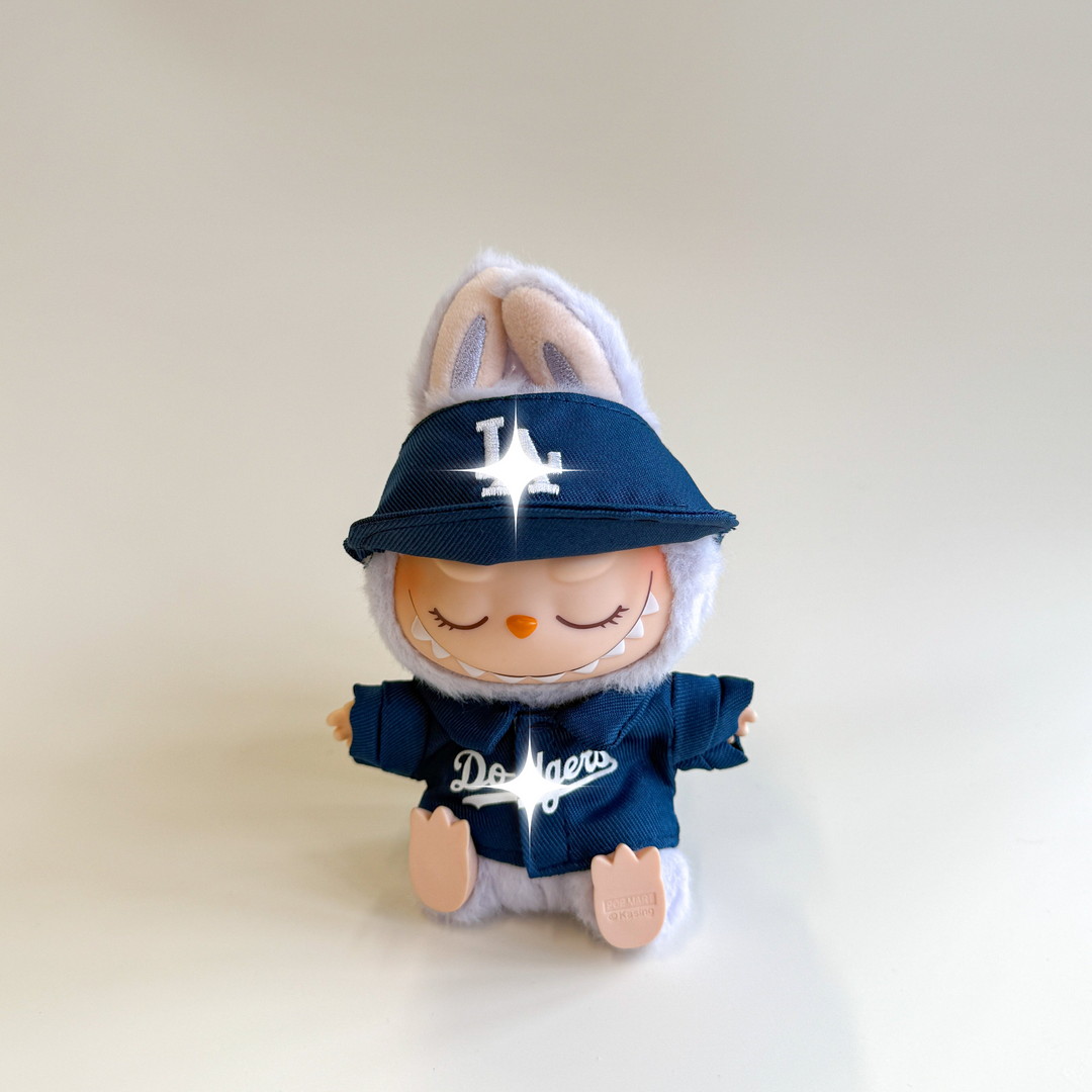 Labubu Baseball Outfit – Blue Jersey & Bucket Hat Set flat lay product shot – Lizzie & Friends