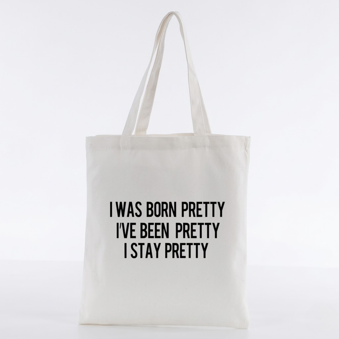 Heated Rivalry "I Stay Pretty" Slogan Canvas Tote Bag flat lay product shot – Lizzie & Friends