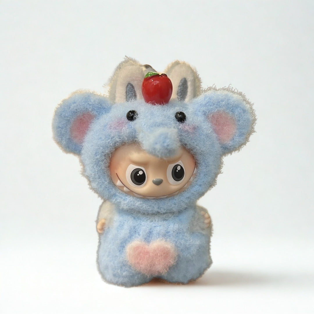 Labubu 4.0 Blue Elephant Outfit – Heart Patch Accent – Labubu 4.0 V4 handmade outfit accessory Pop Mart plush doll clothes