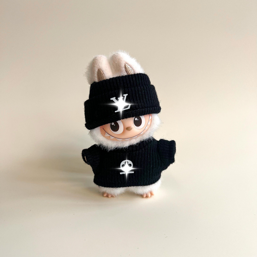 Labubu 4.0 Black Monogram Knit Sweater & Beanie Set – Labubu 4.0 V4 handmade outfit accessory Pop Mart plush doll clothes