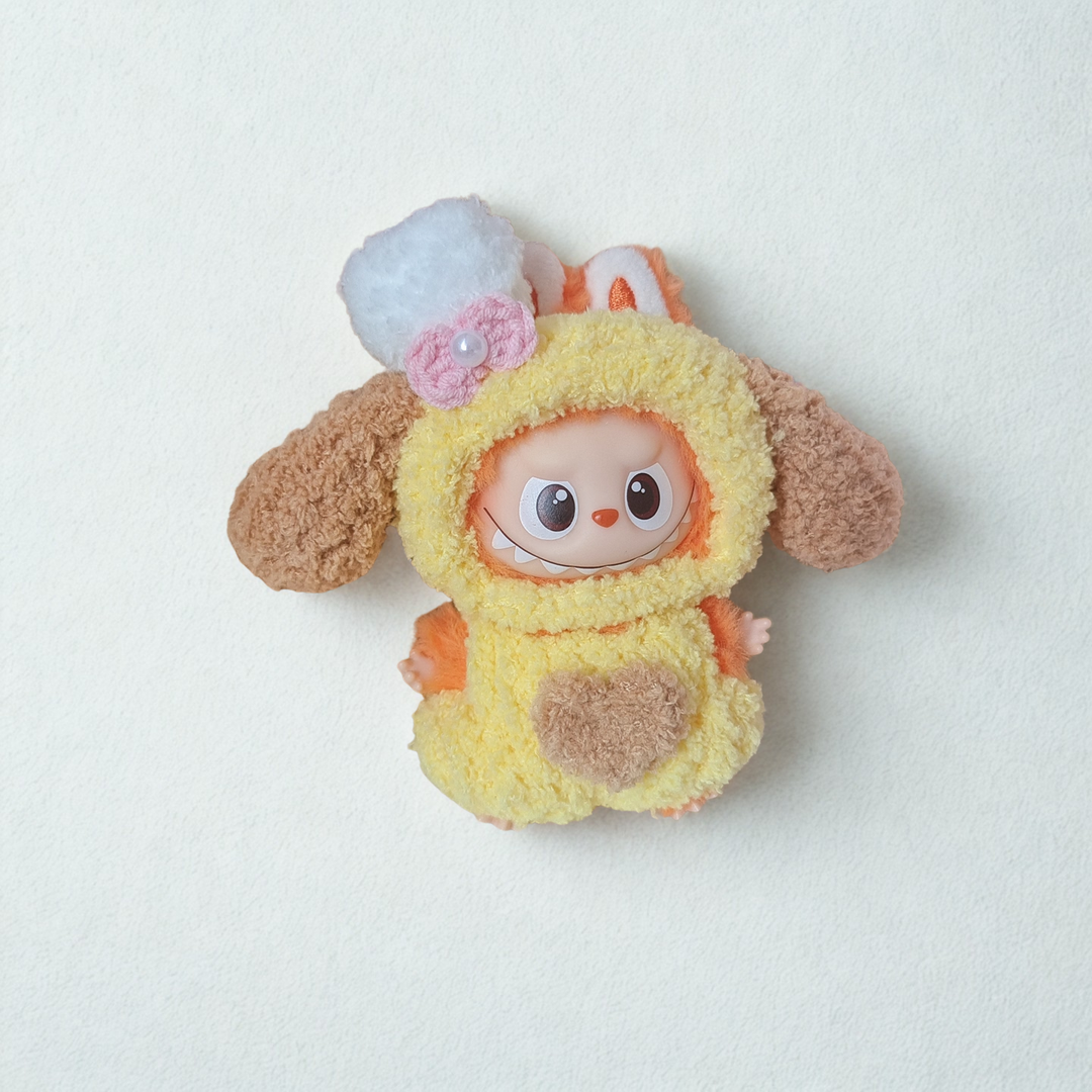 Labubu 4.0 Yellow Puppy Outfit – Bow Accent – Labubu 4.0 V4 handmade outfit accessory Pop Mart plush doll clothes