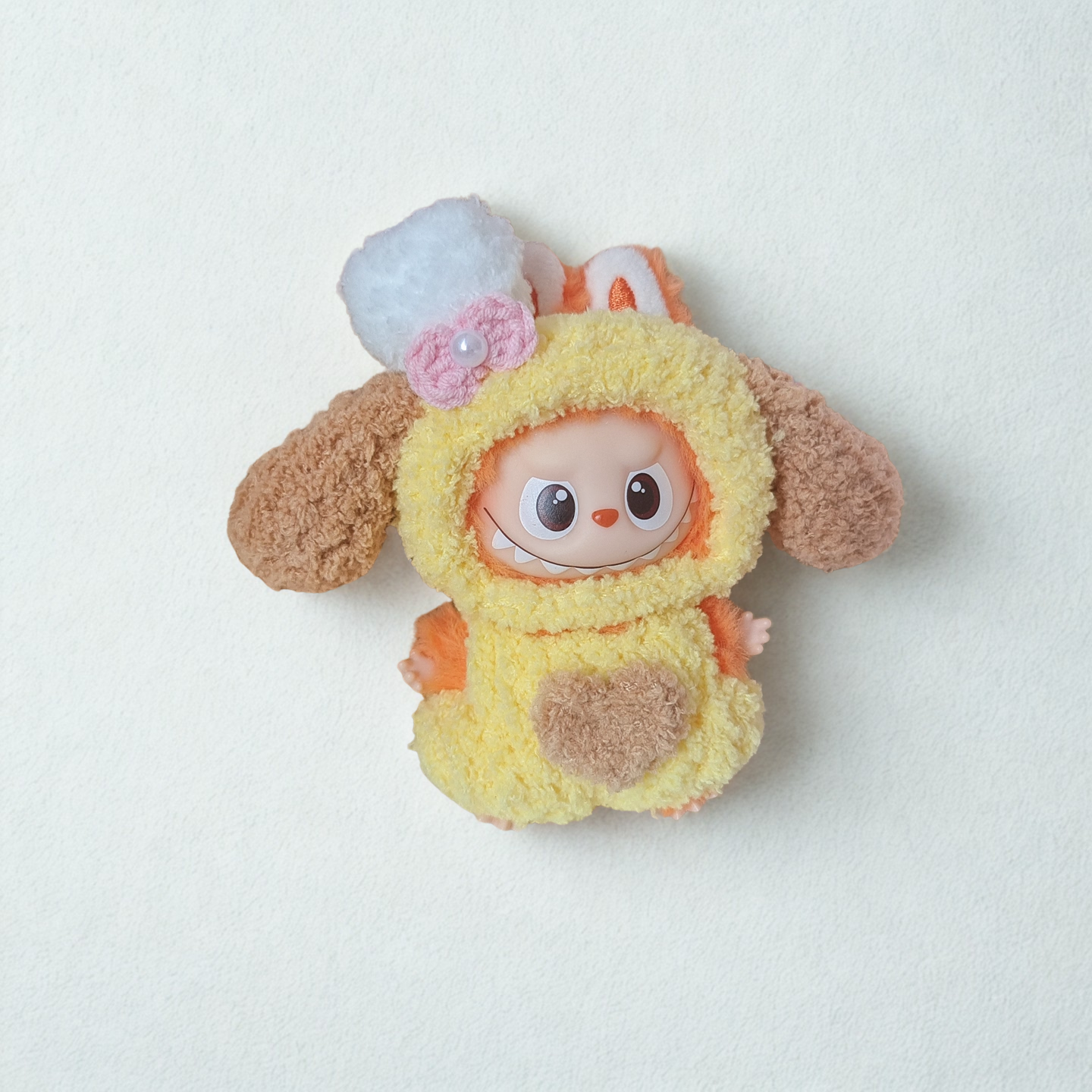Labubu 4.0 Yellow Puppy Outfit – Bow Accent – Labubu 4.0 V4 handmade outfit accessory Pop Mart plush doll clothes