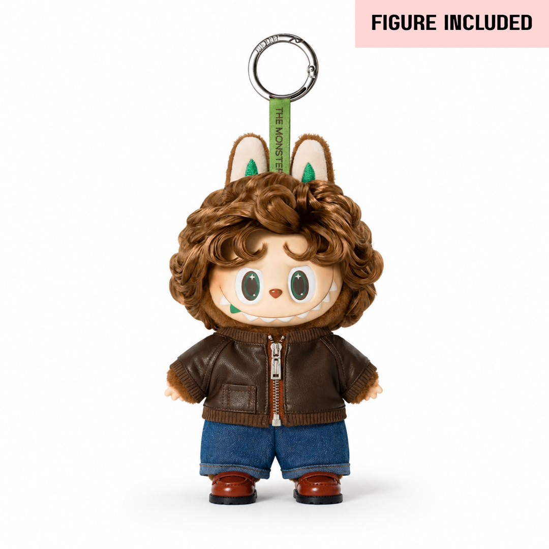 Labubu Brown Leather Jacket & Denim Outfit Set – Complete with Authentic Coastal Vibes Figure