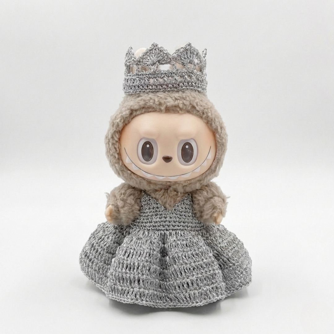Labubu Metallic Silver Crochet Dress & Crown Set